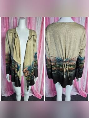 One World Live & Let Live Aztec Knit Rouched Cardigan Size XL